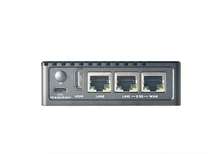Rear panel of a NanoPi R6S showing its three Ethernet ports